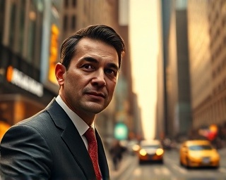 lucrative monetization revenue, confident expression, strategizing investments, photorealistic, sleek financial district with busy streets, highly detailed, ticker displays and financial news, ultra-sharp focus, warm gold tones, diffused lighting, shot with a 24-70mm lens