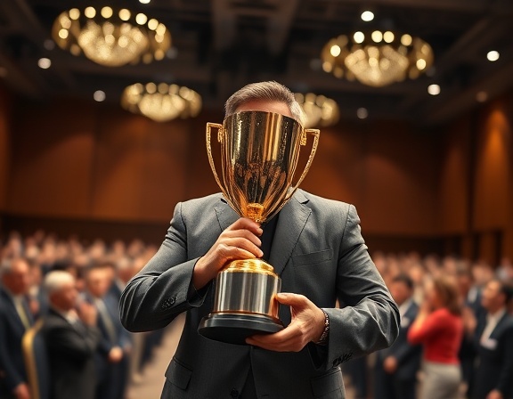 innovative incentive bonus, proud expression, presenting a trophy, photorealistic, stage in a conference hall, highly detailed, applauding audience, depth of field effect, gold and silver colors, overhead lighting, shot with an 85mm lens.