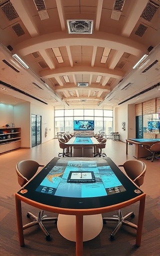 advanced redemption applications, confident stance, writing algorithms, photorealistic, open-plan workspace with interactive digital tables and AI assistants, highly detailed, virtual reality elements, 8K resolution, warm earth tones, diffused natural lighting, shot with a fisheye lens.