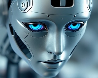 innovative AI Team, focused expression, developing software, photorealistic, a high-tech lab with robotic equipment, highly detailed, interactive virtual interfaces, precise texture, silver and blue hues, artificial overhead lighting, shot with a macro lens.