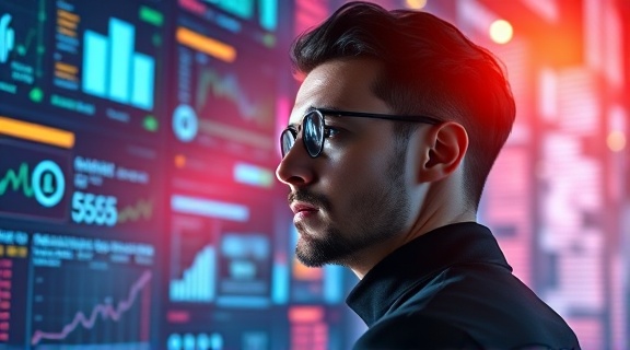 sleek AI innovation, contemplative expression, analyzing data, photorealistic, surrounded by digital screens and interactive panels, highly detailed, glowing data streams, high resolution, ultramarine, backlit glow, shot with a 50mm lens.