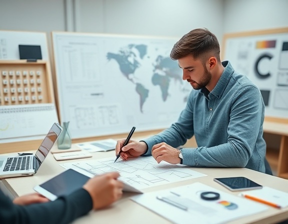 sleek formbuilder design, creative concentration, drafting a template, photorealistic, digital workspace with tablets and design boards, highly detailed, adaptive components, ultra-high-definition, pastel shades, diffused lighting, shot with a macro lens.