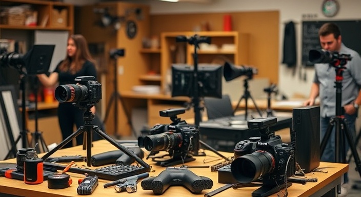 comprehensive accesstools, efficient, demonstrating usage, photorealistic, well-organized workshop with various equipment, highly detailed, tools laid out for learning, ISO sensitivity 200, warm hues, ambient lighting, shot with a 85mm lens