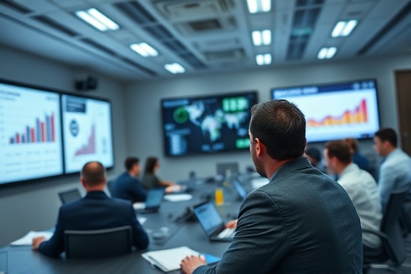 consistent monetization growth, optimistic expression, projecting future trends, photorealistic, modern boardroom filled with executives, highly detailed, presentation slides and charts, crisp focus, cool tones, overhead LED lighting, shot with a 70-200mm lens