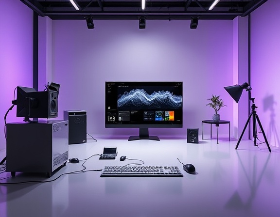 state-of-the-art media optimization tool, user-friendly interface, processing media files swiftly, photorealistic, professional studio with minimalistic design, highly detailed, active data processing, 4K clarity, monochrome with a hint of purple, natural lighting, shot with a macro lens