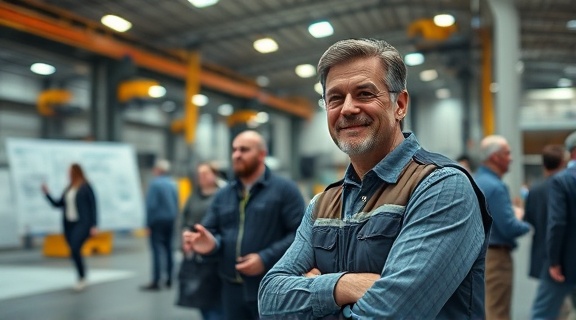 efficient site agent, optimistic expression, guiding team meetings, photorealistic, industrial setting with blueprints and machinery, highly detailed, motion blur of people moving, defined texture, neutral shades, overhead industrial lighting, shot with a 28mm lens.