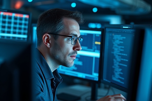sophisticated customsoftware, focused expression, analyzing, photorealistic, tech lab background with servers and cables, highly detailed, data streaming across monitors, crisp image, cool blues, artificial lighting, shot with a 50mm lens.
