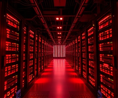 powerful optimization boost, confident, enhancing performance, photorealistic, an expansive data center with endless rows of servers, highly detailed, glowing circuits and data streams, ultra-high resolution, fiery red and orange colors, dramatic contrast lighting, shot with a telephoto lens.