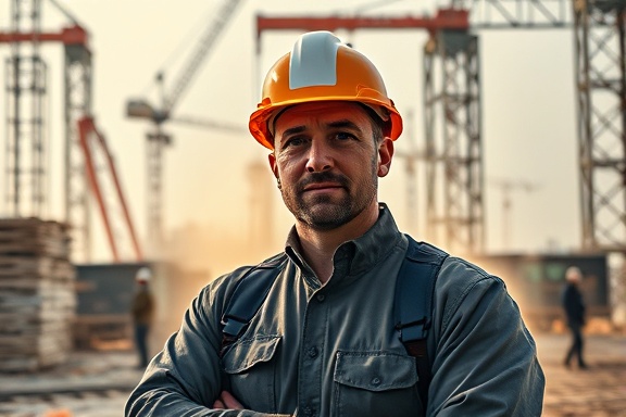 dynamic site agent, assertive expression, managing construction operations, photorealistic, construction site with cranes and workers, highly detailed, dust and activity in motion, crisp detail, warm hues, ambient outdoor lighting, shot with a 24mm lens.