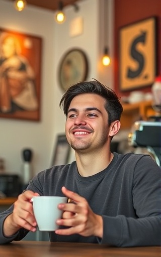 casual plugin download, relaxed expression, listening to music, photorealistic, a cozy coffee shop with art on the walls, highly detailed, a barista making coffee in the background, prime lens, warm browns and reds, soft overhead lighting, shot with a 35mm lens