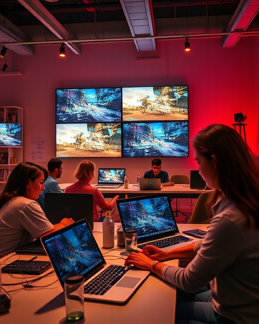 interactive media course, dynamic, showcasing projects, photorealistic, collaborative workspace with students on laptops, highly detailed, 3D rendered projects on screens, HDR, vivid colors, spotlight illumination, shot with a 85mm portrait lens.
