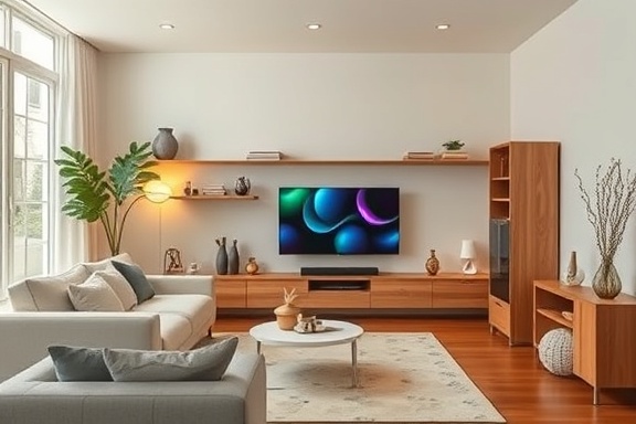 seamless AI interface, effortless, streamlining experience, photorealistic, everyday smart home, highly detailed, smart appliances and home assistants, 8k resolution, warm and inviting colors, under ambient lighting, shot with a portrait lens.