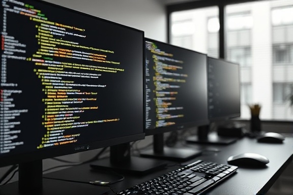 innovative plugin development, thoughtful, iterating code, photorealistic, tech workspace with monitors, highly detailed, dynamic code lines, high resolution, monochrome tones, soft ambient light, shot with a 50mm lens