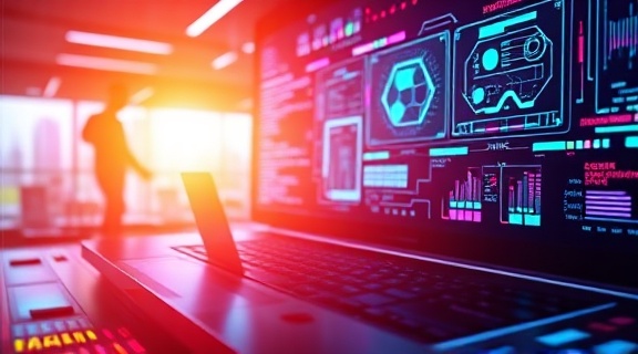 next-gen website tools, pioneering, advancing dynamics, photorealistic, cyber workspace with holographic displays, highly detailed, futuristic ui elements, full hd, iridescent color palette, backlit warm glow, shot with a macro lens