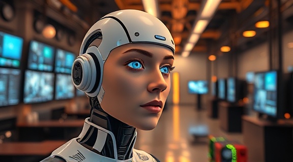 dynamic AI innovation, intrigued expression, simulating environments, photorealistic, high-tech development center with virtual interfaces, highly detailed, holographic projections, ultra-clear definition, warm tones, studio lighting, shot with a 70-200mm lens.