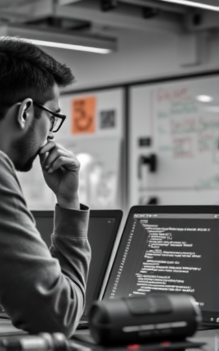 cutting-edge customcoding, thoughtful expression, brainstorming, photorealistic, startup office with whiteboards and gadgets, highly detailed, lines of code visible on laptops, deep focus, monochrome scheme, diffused lighting, shot with a 75mm lens.