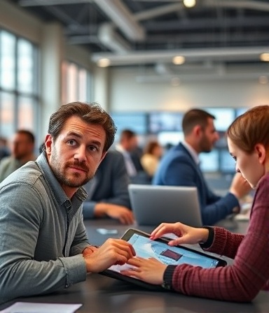 dynamic customapplication, curious expression, testing, photorealistic, co-working space with diverse teams collaborating, highly detailed, touchscreens being used, fine grain, vibrant palette, overhead lighting, shot with a 28mm lens.