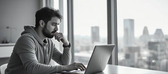 innovative plugin setup, pondering expression, customizing settings on a laptop, photorealistic, a minimalist studio apartment with a view of the city, highly detailed, sunlight reflecting off glass surfaces, telephoto lens, cool monochrome hues, high-key lighting, shot with a 135mm lens