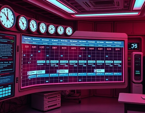 automated scheduling, organized, setting up schedule, photorealistic, futuristic lab with digital clocks, highly detailed, timelines forming on the interface, advanced algorithms, deep red, diffused lighting, shot with a 70-200mm lens