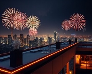 motivational journey success, jubilant, celebrating achievements, photorealistic, a rooftop with a cityscape view, fireworks in the background, highly detailed, festive elements, 5k resolution, vivid colors, twilight lighting, shot with a wide-angle lens.