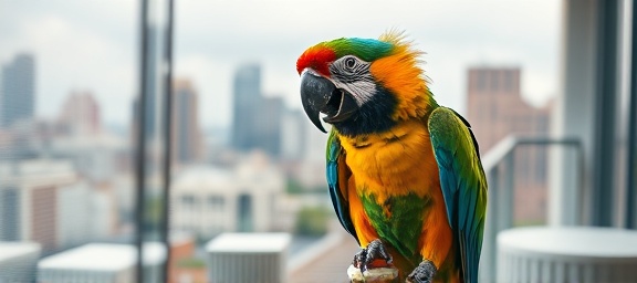 cheerful parrot, intrigued, picking seeds from a treat, photorealistic, perched on a balcony with city skyline, highly detailed, wind ruffling feathers, colorful plumage, overcast lighting, shot with a zoom lens