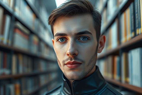 next-gen AI innovation, focused expression, synthesizing knowledge, photorealistic, futuristic library with digital books, highly detailed, cognitive networks, super high definition, soft blues and golds, under-lit ambiance, shot with a 40mm lens.