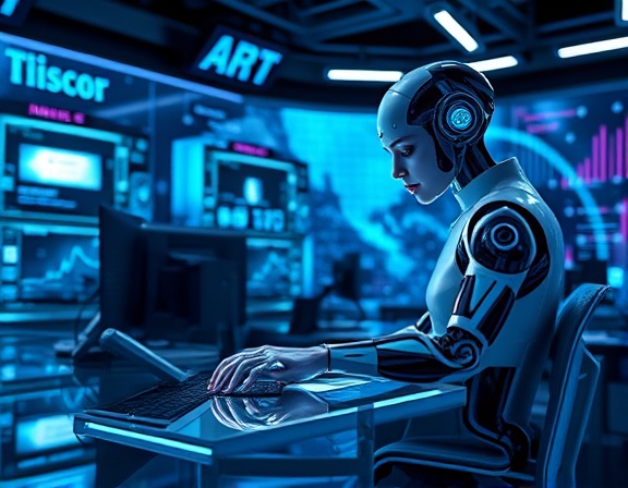 sleek AI journalist, curious expression, typing on a holographic keyboard, photorealistic, newsroom filled with digital screens and floating data, highly detailed, moving graphics in the background, ultra HD, metallic blue and silver colors, cool fluorescent lighting, shot with an 85mm prime lens.