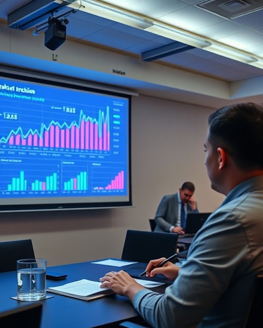 innovative franchise model, thoughtful, analyzing market trends, photorealistic, conference room with a projection screen displaying charts, highly detailed, animated graphs and numbers on screen, vivid colors, fluorescent lighting, shot with a 50mm lens.