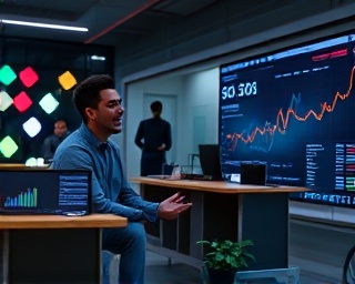 dynamic monetization growth, enthusiastic expression, engaging with stakeholders, photorealistic, industrial tech hub with collaborative spaces, highly detailed, interactive screens with growth metrics, pinpoint accuracy, gradient colors, studio lighting, shot with a 50mm lens