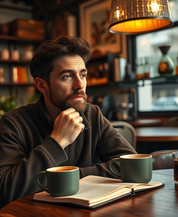 thoughtful SocialAI, relaxed expression, analyzing, photorealistic, coffee shop with rustic decor, highly detailed, steaming cup of coffee and open notepad, shot with a 50mm lens, earthy tones, warm pendant light