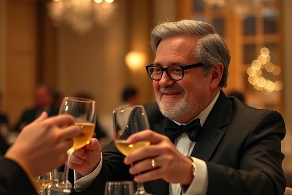 visionary founder bonus, relieved expression, receiving an award, photorealistic, formal gala dinner, highly detailed, clinking glasses and high-end decor, wide aperture, neutral tones, soft evening lighting, shot with a 70mm lens.