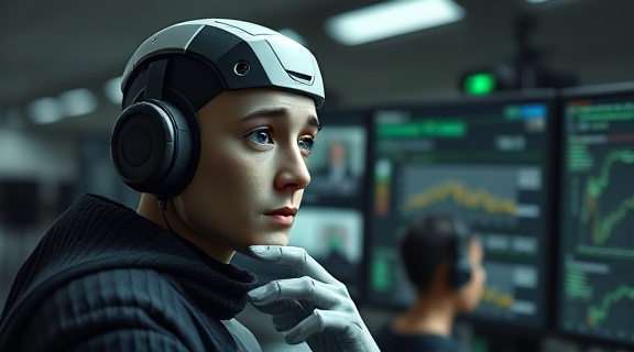 dynamic AI journalist avatar, thoughtful expression, synthesizing information, photorealistic, compact digital workstation with multi-screen setup, highly detailed, flickering data inputs, 6K ultra resolution, muted green and gray colors, indirect LED lighting, shot with a 70-200mm telephoto lens.