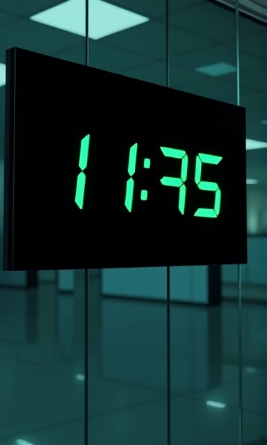 sleek time countdown, poignant atmosphere, monitoring seconds, photorealistic, against a modern office's glass wall, highly detailed, reflections on screen surface, 4K rendering, neon green on black to contrast, soft indoor lighting, shot with a 35mm lens.