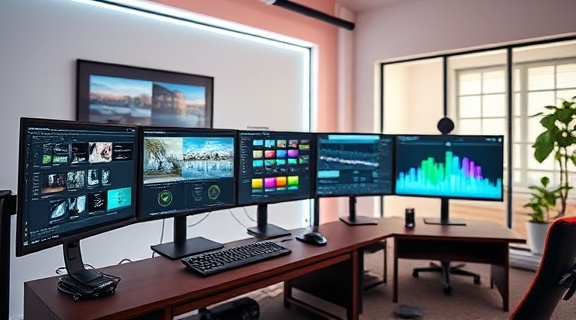 sophisticated media optimization interface, intuitive dashboard, refining image quality, photorealistic, bright editing room with multi-display setups, highly detailed, dynamic color adjustments, ultra-resolution, pastel shades, cool lighting, shot with a macro lens