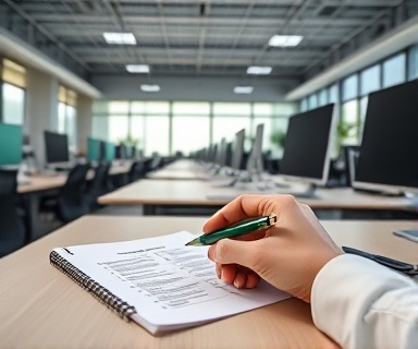 systematic audit checklist, organized, checking items with a pen, photorealistic, spacious open-plan office with computers, highly detailed, subtle shadows cast across the desk, 100 ISO, warm colors, ambient daylight, shot with a 35mm lens