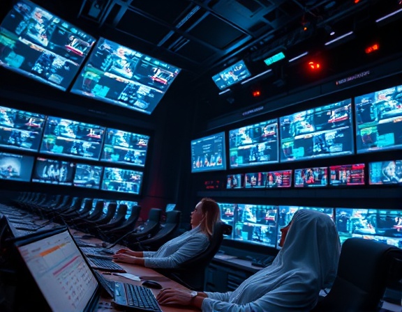 advanced media technology, passionate expression, broadcasting live, photorealistic, within a futuristic command center filled with control screens, highly detailed, flowing digital currents, pin-sharp focus, cosmic black, backlight glow, shot with a telephoto lens.
