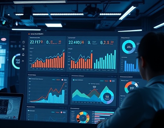 responsive clients dashboard, engaging, displaying analytics, photorealistic, futuristic tech hub, highly detailed, real-time updates, HDR quality, neutral colors, ambient lighting, shot with a 35mm prime lens.