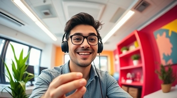 friendly plugin support, smiling expression, explaining via video call, photorealistic, a vibrant tech office with colorful decor, highly detailed, office plants swaying in the air conditioning, fisheye lens, bright primary colors, bright overhead lights, shot with a 16mm lens