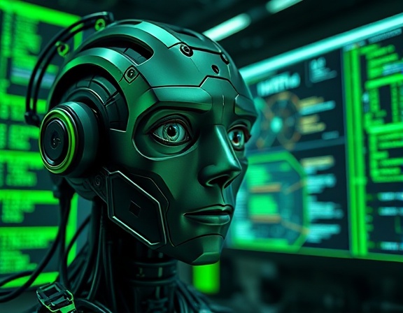 intricate details AI, inquisitive expression, processing complex data sets, photorealistic, high-tech lab with multiple virtual screens and sensors, highly detailed, matrix-style code scrolling, HDR quality, metallic greens and blacks, cool LED lighting, shot with a macro lens