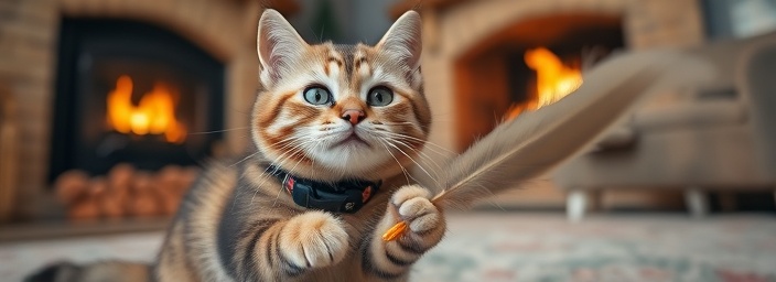 cute cat adorned with a custom collar, curious, pawing at a feather toy, photorealistic, a cozy living room with a fireplace and plush rug, highly detailed, fire crackling softly, macro perspective, pastel, warm lighting, shot with a 100mm macro lens.