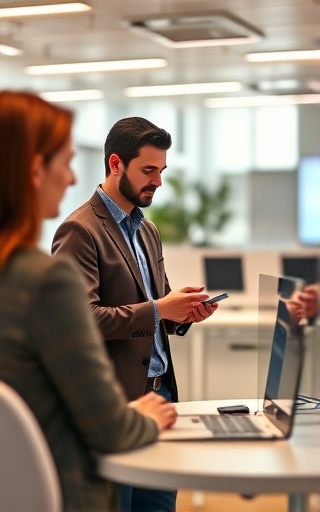 interactive client interaction, user-friendly, facilitating communication, photorealistic, high-tech office space, highly detailed, seamless connectivity, 8K resolution, warm tones, studio lighting, shot with a 28mm lens.