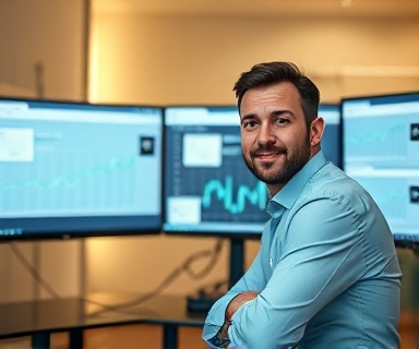 intuitive monetization tools, confident expression, demonstrating software, photorealistic, sleek modern workstation with multiple monitors displaying analytics software, highly detailed, interactive technology elements, ultra-high-definition details, silver and turquoise hues, ambient backlight glow, shot with a Sony FE 24-105mm f/4 G OSS lens.