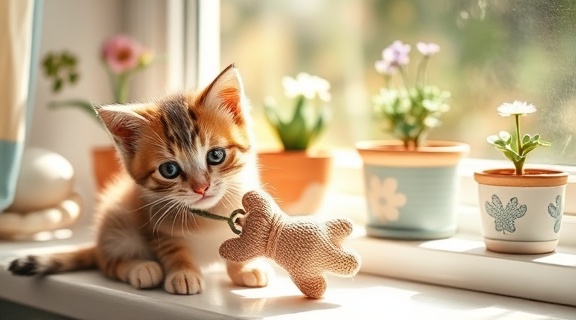 playful kitten with a handcrafted toy, intrigued, batting at it with paws, photorealistic, a sunny windowsill adorned with pots of flowers, highly detailed, rays of sunlight casting shadows, ultra HD, pastel, soft morning glow, shot with a 70-200mm lens.