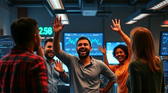 successful startup bonus, ecstatic expression, cheering with a team, photorealistic, startup incubator space, highly detailed, monitors displaying metrics, fine texture, vivid colors, dynamic LED lighting, shot with a 16mm lens.
