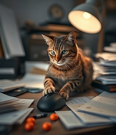 focused plugin activation, determined expression, clicking with a mouse, photorealistic, a cluttered home desk overrun with papers, highly detailed, a cat sitting on the desk, macro lens, muted earth tones, diffused desk lamp light, shot with a 100mm lens