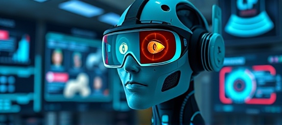 revolutionary AI graphics, inquisitive expression, rendering, photorealistic, inside a high-tech design lab with virtual reality interfaces and holographic displays, highly detailed, evolving pixel patterns, fine resolution, digital teal, soft shadow, shot with a prime lens.