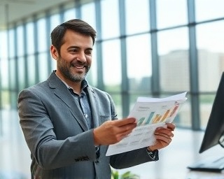 robust monetization profit, satisfied expression, reviewing quarterly results, photorealistic, expansive glass-walled office, highly detailed, profit graphs and paperwork, high-resolution detail, neutral tones, soft diffuse lighting, shot with an 85mm lens