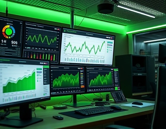 dynamic ecommerce dashboard, analytical, optimizing, photorealistic, tech-savvy workspace with multiple monitors, highly detailed, real-time data updates, 4K render, green and white hues, soft spotlight, shot with an 85mm lens.