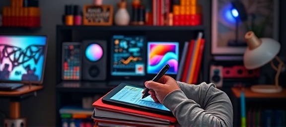 advertisement monetary guide, focused content creator, sketching on a tablet, photorealistic, home studio filled with creative tools, highly detailed, animated illustrations on the screen, f/2.2, rich primary colors, cool LED lighting, shot with a 85mm camera lens