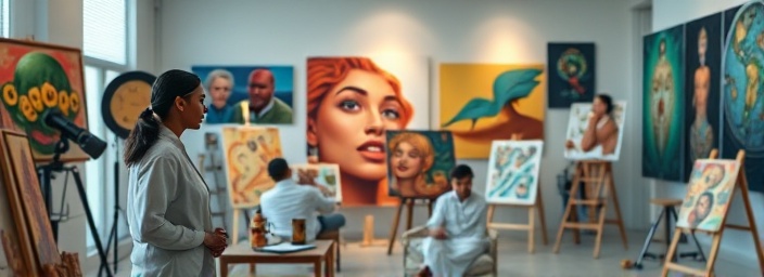 engaging site media, captivating, curating content, photorealistic, art studio with creative professionals, highly detailed, digital canvases and editing tools, high-res, vibrant colors, soft studio lights, shot with a 35mm lens.